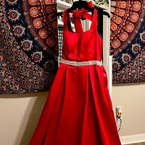 A-Line Halter Red Satin Rhinestone Waist Prom Dress